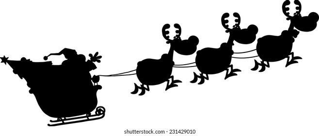 Black Silhouettes Of Santa Claus In Flight With His Reindeer And Sleigh. Vector Illustration Isolated On White Background