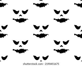 Black silhouettes of scary faces on a white background seamless pattern. A ghostly face with evil scary eyes. Halloween background, Jack O Lantern. Design of banners and posters. Vector illustration