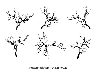 Black silhouettes of scary trees on a white background. A set of six bare branches is perfect for creating decorations, backgrounds, and landscapes. Easy to use.