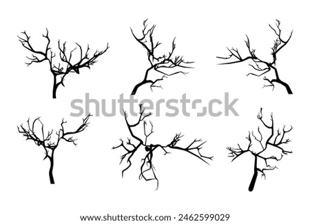 Black silhouettes of scary trees on a white background. A set of six bare branches is perfect for creating decorations, backgrounds, and landscapes. Easy to use.