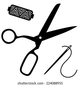 Black silhouettes of scissors, reel and needle