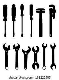 Black silhouettes  of screwdriver and screw wrench,  vector illustration 