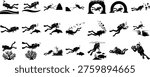 Black silhouettes of scuba divers exploring ocean, interacting with marine life, and engaging in diving activities