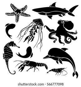 Black silhouettes sea creatures isolated on white background