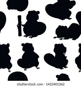 Black silhouettes seamless pattern of cute brown beaver. Cartoon character design. North American beaver Castor canadensis. Rodentia mammals. Happy animal. Flat vector illustration on white background
