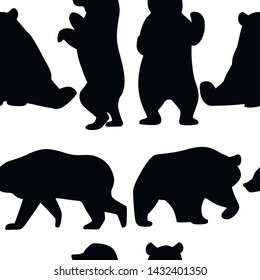 Black silhouettes seamless pattern of grizzly bears. North America animal, brown bear. Cartoon animal design. Flat vector illustration on white background