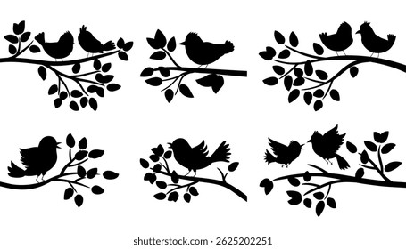 Black silhouettes set of birds perched on tree branches against a white background. Minimalist nature scene with elegant shapes and strong contrast.