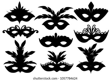 Black silhouettes. Set of carnival face masks. Masks for party decoration or masquerade. Mask with feathers. Vector illustration isolated on white background. Web site page and mobile app design.