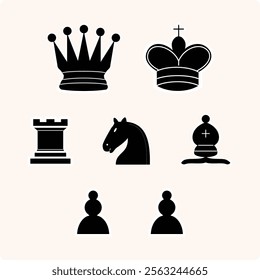 Black silhouettes set of chess piece  icons, board game. King, queen, bishop, pawn, horse, knight, rook. Outline set for web design isolated on white background. 