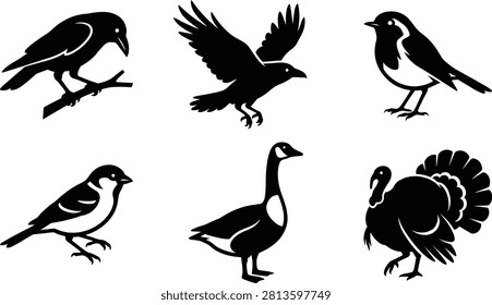 Black silhouettes set of different birds including crow, goose, turkey, and sparrow.