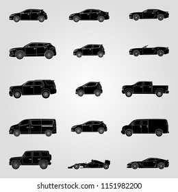 Black silhouettes set of different car models
