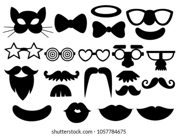 Black silhouettes. Set of fun masks. Party Birthday photo booth props. Mustache, spectacles, bow tie and mouths in cartoon style. Vector illustration isolated on white background.