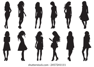 Black silhouettes set of girls on white background