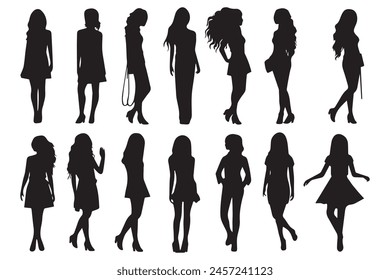 Black silhouettes set of girls on white background