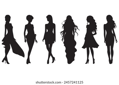 Black silhouettes set of girls on white background