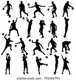 Black silhouettes set of men playing basketball on a white background.
