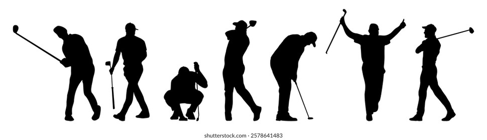 Black silhouettes set of professional golf players in different poses, standing, walking. celebrating win. Vector clipart collection isolated on white background