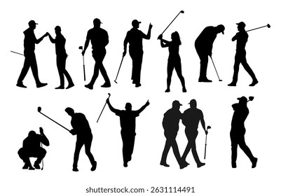 Black silhouettes set of professional golf players in different poses, standing, walking. celebrating win. Vector clipart collection isolated on white background