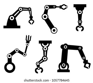 Black silhouettes. Set of robotic arms. Robotic arm manufacture. Cartoon style icon. Vector illustration isolated on white background.