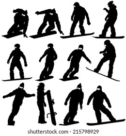 Black silhouettes set snowboarders on white background. Vector illustration.