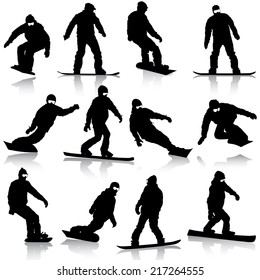 Black silhouettes set snowboarders on white background. Vector illustration.