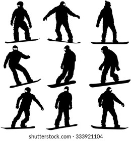 Black silhouettes set snowboarders on white background. Vector illustration.