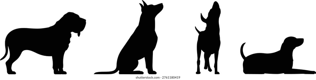 Black silhouettes set of various dog breeds including a bloodhound, sitting shepherd, howling hound, and a labrador retriever lying down