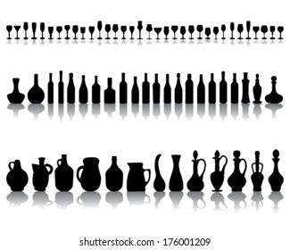 Black silhouettes and shadows of bottles and glasses, vector