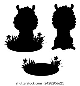 Black silhouettes sheep in grass with flowers. Isolated hand drawing of farm animal and glade. Vector illustration