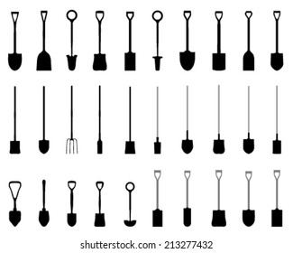 Black silhouettes of shovel, vector