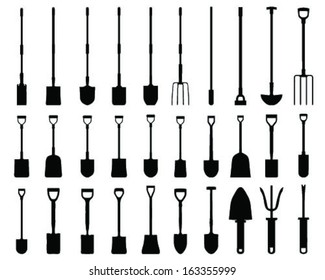 Black silhouettes, shovels , spades  and villas-vector