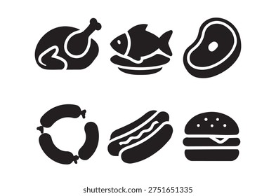 Black silhouettes showcase common meat products like chicken, fish, steak, and processed foods.