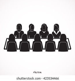 black silhouettes of sitting women. Business Meeting Females. Flat illustration of women community with group of girls and women. Feminist concept.