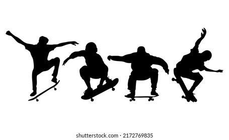 Black silhouettes of skateboarders on a white background