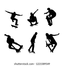 Black silhouettes of skateboarding tricks and jumps, isolated on white background