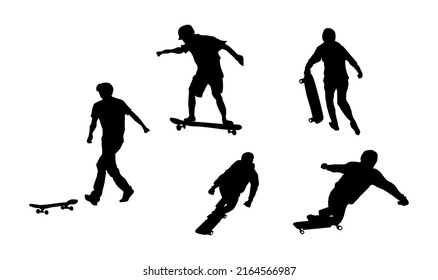 Black silhouettes of skaters. Skateboarding silhouette on a white background. Skateboarders vector.