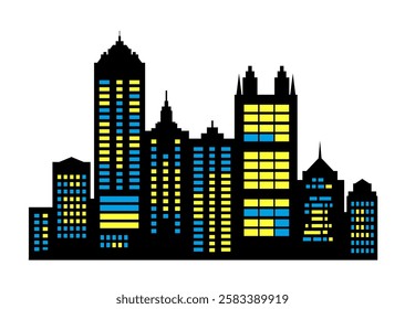 Black silhouettes of skyscrapers with illuminated windows in yellow and blue, creating a vibrant cityscape at night