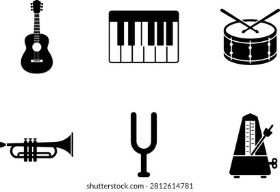Black silhouettes: small guitar, keyboard, snare, brass horn, pitch fork, metronome.