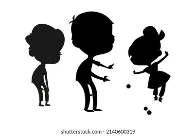Black Silhouettes Of Small Kids Playing A Game With Balls, Two Boys And One Girl Cartoon Character