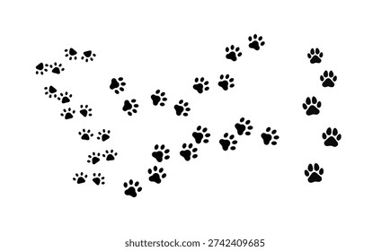 Black silhouettes of small paw prints isolated on a white background. Set of vector stencils of animal footprints. Hand-drawn illustration, not AI