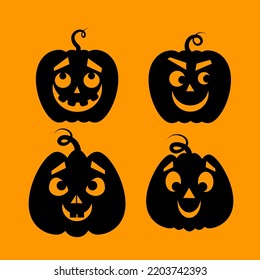 Schwarze Silhouetten von lächelnden Kürbissen auf orangefarbenem Hintergrund