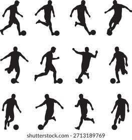 Siluetas negras de jugadores de fútbol dinámicamente comprometidos en varias acciones de juego.