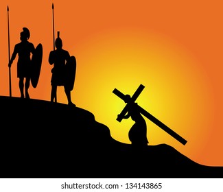 black silhouettes of soldiers carrying the cross and on an orange background
