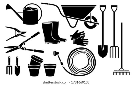 Black silhouettes of some gardening objects.