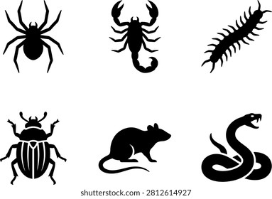 Black silhouettes: spider, scorpion, centipede, beetle, mouse, snake.