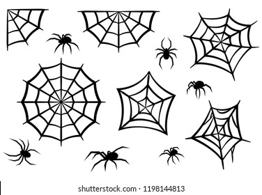 Black silhouettes of spiders and spider webs. Halloween elements isolated on white background. Flat vector illustration