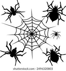 Black silhouettes of spiders and spider webs. 