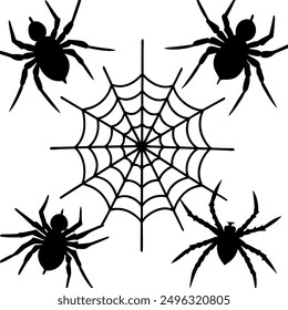 Black silhouettes of spiders and spider webs. 