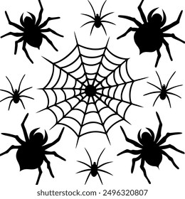 Black silhouettes of spiders and spider webs. 