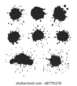Black silhouettes splatters vector collection. Ink splat and paint drops vector illustration, isolated abstract vector illustration on white background